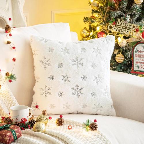 AQOTHES Faux Fur Fuzzy Decorative Throw Pillows Covers, Soft Plush with Snowflake Sequins Glitter Cute Throw Pillows for Christmas Decor Couch Sofa, Silver Ivory White,18 x 18 Inch, Pack of 2