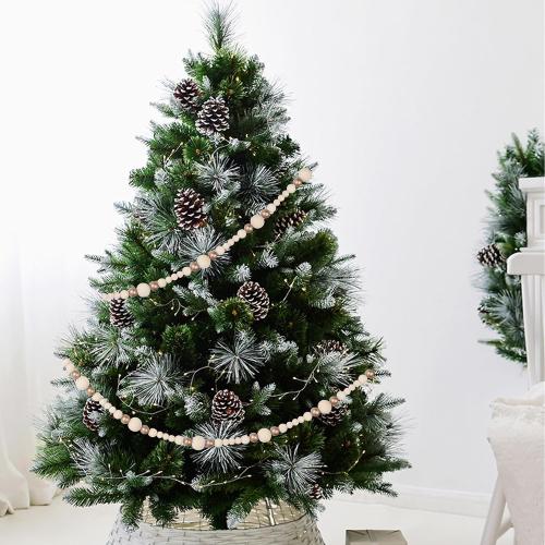 Christmas Wooden Bead Garland Xmas Wooden Tree Beads Rustic Decorative Christmas Tree Farmhouse Decor for Mantle Fireplace Staircase (Natural & Gold)