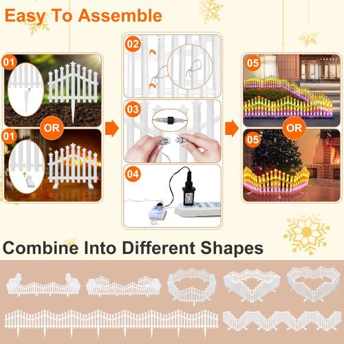 White Garden Picket Fence Lights 8 Pack, 11 Modes Fence Lights with Remote,13.8 x 11 inch Christmas Tree Fence Lights Plug in,Plastic White Edgings Garden Picket Fence Lights for Landscape Patio Yard Xmas