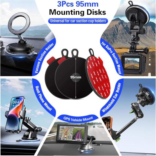 Dashboard Pad Mounting Disk for Suction Cup, 95mm (3.74) Heat Resistant Adhesive Disc for Dash Camera Windshield Holder, GPS, Tablet, Car Phone Bracket Base with Sticky Adhesion Replacement 3 Pack