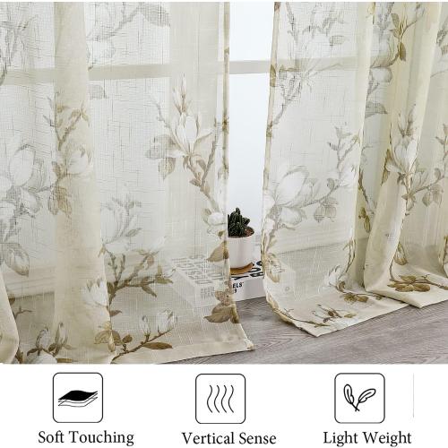SMILE WEAVER Nature Yellow Sheer Curtains 54 inch Length for Living Room,Light Filtering Curtain 2 Panels,Voile Linen Textured Semi Sheer Floral Curtains for Bedroom/Kitchen Window Drapes