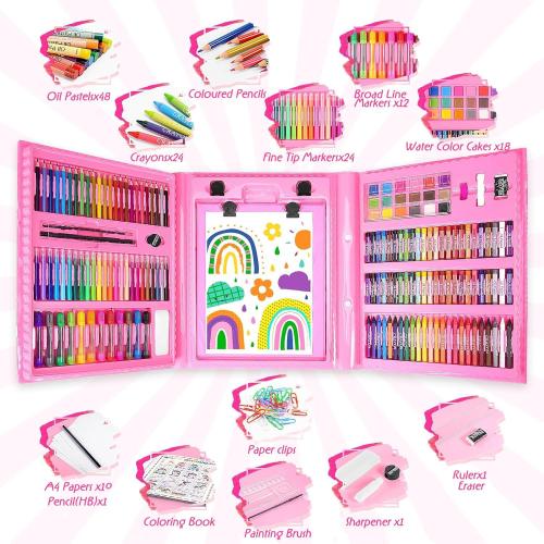 208 PCS Art Supplies,Drawing Art Kit Painting Art Set for Kids Girls Boys Artist, Gift Box with Trifold Easel, Includes Pastels, Crayons, Colored Pencils, Coloring Book, Scissors, Origami Paper 40 Sh.