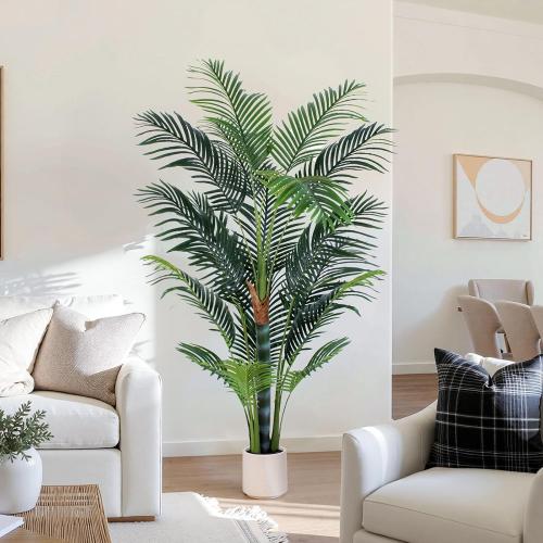 Artificial Palm Tree 6ft, Fake Tree with White Planter, Faux Tropical Areca Palm Silk Floor Plant with 18 Realistic Leaves for Home Office Indoor Outdoor Decor.
