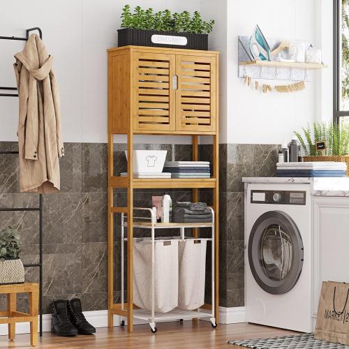 VIAGDO Over The Toilet Storage Cabinet, Tall Bathroom Cabinet Organizer with Cupboard and Adjustable Shelves, Freestanding Toilet Shelf Space Saver Rack Stand for Laundry Room, Balcony, Bamboo
