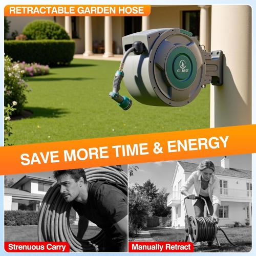 5/8 x 100 ft Retractable Garden Hose Reel, Heavy Duty Water Hose Reel | Any Length Lock, 180°Swivel, Wall Mounted Water Hose with 10-Function Nozzle for Cleaning, Watering (Green)