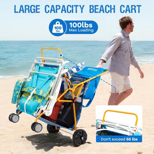 Heavy-Duty Beach Cart with 100 lbs Capacity - Foldable Beach Wagon with Removable 20L Cooler Bag, Sand Chair Holder, Umbrella Stand & Large Mesh Basket for Beach, Camping, Picnic