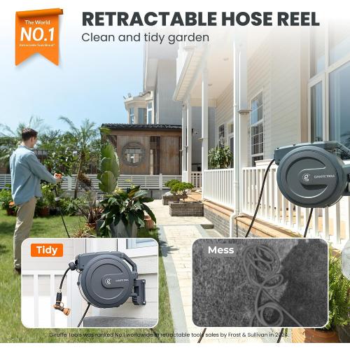 Giraffe Tools Retractable Garden Hose Reel 1/2130FT Wall Mount Auto Rewind | Any Length Lock,Auto Rewind System,180° Swivel Bracket,Heavy Duty Hybrid Hose,Easy to Assemble,7 Spray Patterns