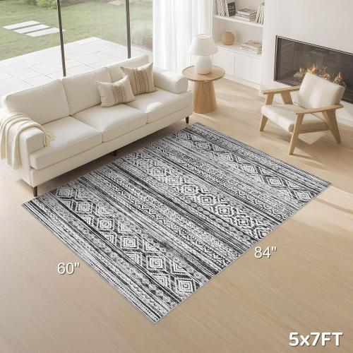 5x7 Area Rug for Living Room, Washable Non-Slip Large Area Rug, Indoor Floor Carpet Low Pile Soft Boho Farmhouse Rug for Bedroom Dining Room （White/Black，5x7）