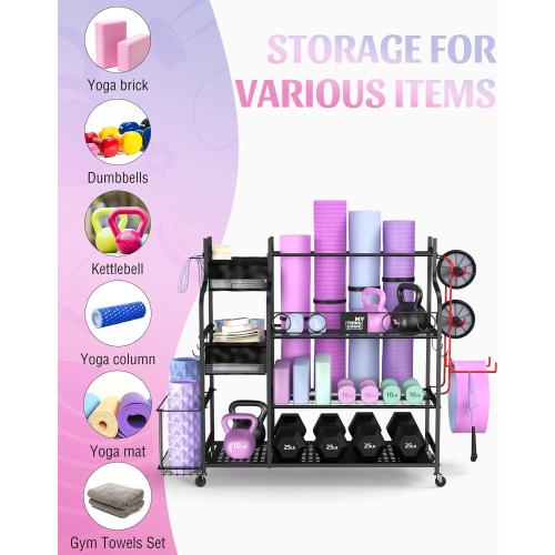 Mythinglogic Home Gym Storage Rack with Wheels for Dumbbells and Yoga Mats | Versatile storage with shelves, hooks and side holders for kettlebells, foam rollers, bands, weight plates and gym gear