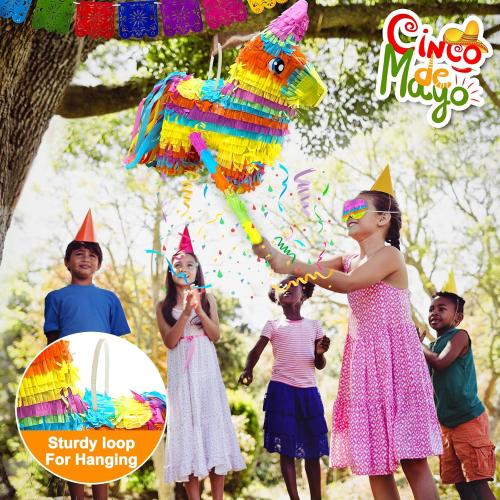 16 Cinco de Mayo Pinata, Large Rainbow Color Donkey Pinata 16 x 13 x 5.5 ln with Stick and Blindfold for Fiestas Mexican Party Decoration, Photo Prop, Taco Tuesday Event