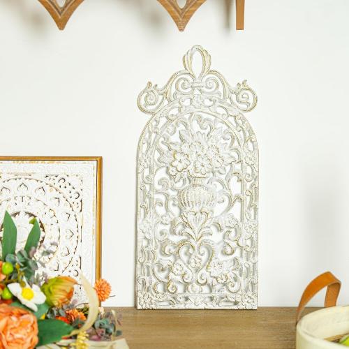 Sungmor Vintage Cast Iron Wall Plaque - Antique Style Carved Artwork, Decorative Metal Art Panel - Intricate Scroll and Floral Vase Design - Rustic Home & Garden Décor - 18 x 8, White