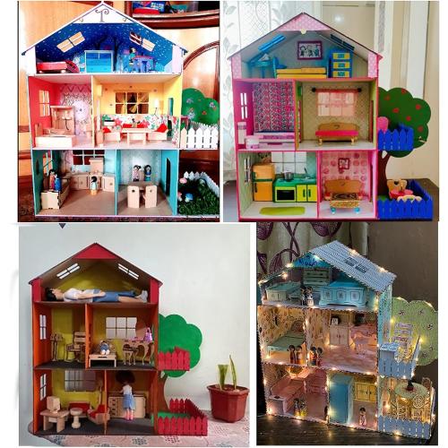 StonKraft Wooden 3D Puzzle Doll House - Home Decor, Construction Toy, Modeling Kit, School Project - Easy to Assemble (Doll House with Furniture)
