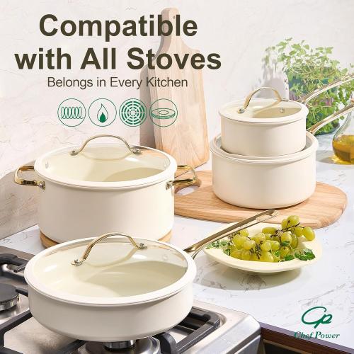 Chef Power Ceramic Cookware Sets, 15Pcs Pots and Pans Set Non Stick, Cookware Set with Stainless Steel Handle, Dishwasher & Oven Safe, Cream White and Light Gold Handle