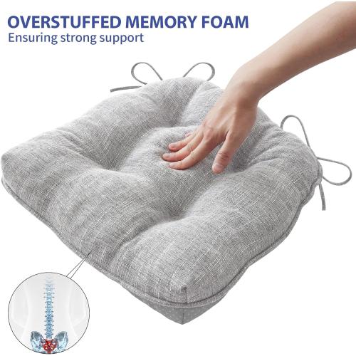 Chair Cushions for Dining Chairs Set of 4, Kitchen Chair Cushions, Chair Pads with Ties and Non Slip Backing, Tufted Memory Foam Seat Cushion 4 Pack, 15.5 x 15.5 x 4, Light Gray
