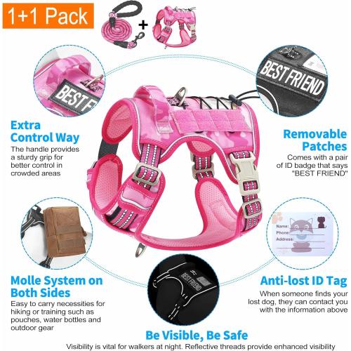 Pink Camo Size Large Heavy Duty Tactical Dog Harness for Large Dogs, No Pull Adjustable Pet Harness Reflective Service Training Easy Control Pet Vest Military K9 Working Dog Harnesses- Large, Pink Camo