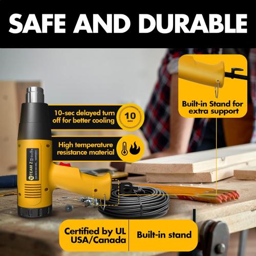 Team Z 1800W Heat Gun Kit 212°F to 1112°F(Only °F)- Fast Heating Heavy Duty Hot Air Gun, LCD Display, Overload Protection with 4 Nozzles for Shrink Wrap, Soften Paint, Bend Plastic Pipes and More