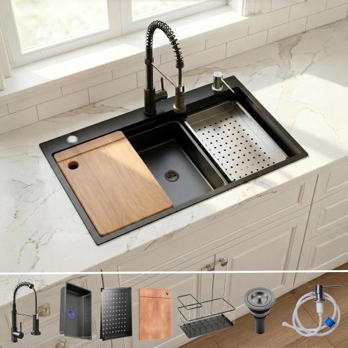 30 Inch Black Drop-In Stainless Steel Kitchen Sink: Single Bowl Deep Scratch Resistant 16 Gauge Workstation with Faucet & Accessories Combo for Family Kitchen