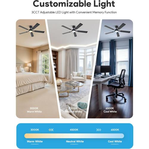 Black 52 VONLUCE Ceiling Fans with Lights and Remote, 52 Ceiling Fan with 5 Blades, 6-Speeds Noiseless Reversible DC Motor for Farmhouse Bedroom Indoor, Black