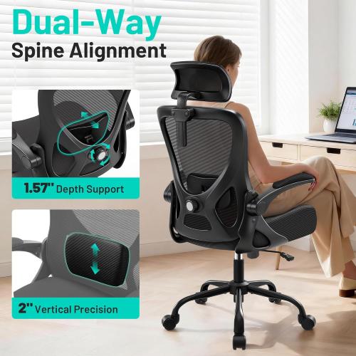AreShark Office Chair - Ergonomic Desk Chair Breathable Mesh Chair with 2D Headrest & Adjustable Lumbar Support - Executive High Back Rolling Swivel Computer Gaming Chair with Wheels Flip-up Armrests