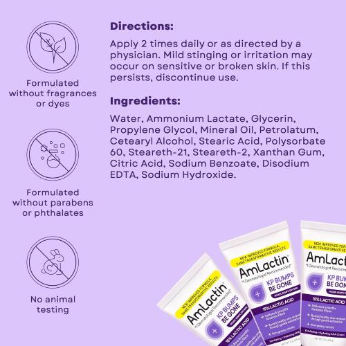 AmLactin KP Bumps Be Gone - Therapeutic Body Cream for Keratosis Pilaris - No-Scrub Exfoliator and Moisturizer with 15% Lactic Acid AHA, 3 oz (Packaging May Vary)​