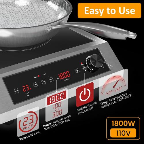 Sunvivi 1800W Induction Cooktop, Commercial-Grade Electric Countertop Burner with Timer, Induction Hot Plate with LED Screen, 10 Power(300W-1800W), 10 Temp Setting(140°F-536°F), Black
