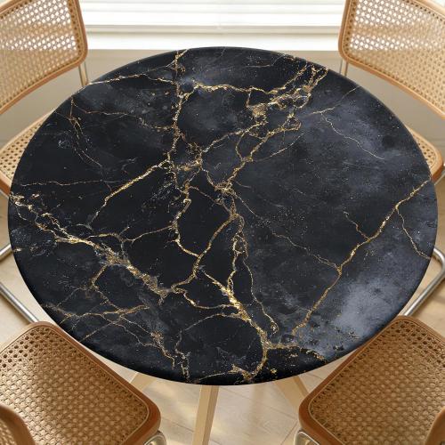 Round Fitted Tablecloth with Elastic Edge Design Table Cover Waterproof Stain-Resistant Wipeable Table Cloth Best for 45-48 Round Tables for Outdoor/Indoor Black Marble