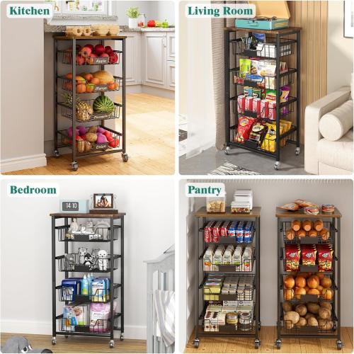 5-Tier Vegetable Fruit Basket Kitchen Storage Rolling Cart on Wheels with Pull-Out Baskets and Wood Top for Kitchen Diningroom Pantry