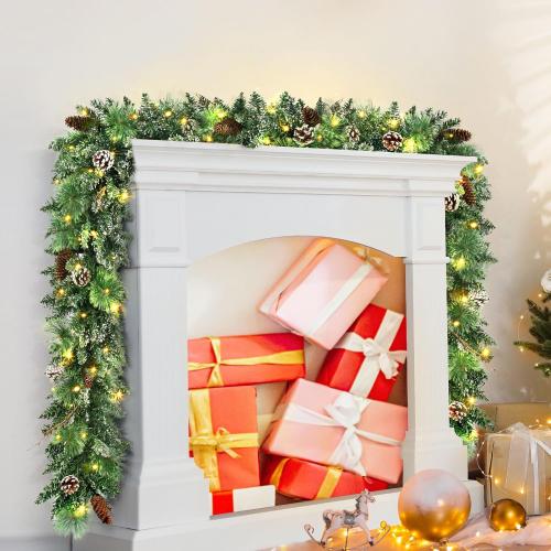 Jin&Bao 9FT Christmas Garland with Lights, 100 LED Prelit Green Pine Garland Christmas Decorations with Timer Function, 3AA Battery Operated Xmas Garland Fireplace Door Stairs Home Outdoor