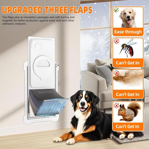 MIAOTONG 3-Flap Dog Door for Wall, Energy-Efficient Insulated Pet Door for Wall, Aluminum Lock Doggy Door for Wall,Steel Frame and Telescoping Tunnel Dog Doors(Pets Up to 100 Lb) -Large