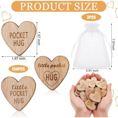CroBlissful 150 Pcs Wooden Pocket Hug Token Bulk with 3 Pcs Organza Bags Remembrance Little Heart Star Round Pocket Hug Keepsake for Family Birthday Celebration of Life Funeral Love Gifts (Heart)