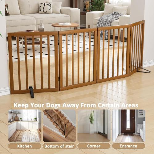4 panel Freestanding Pet Gate Foldable 4 Panel Dog Gate Walnut Dog Gates for Stair Doorways House Indoor (2 Support Feet Included)