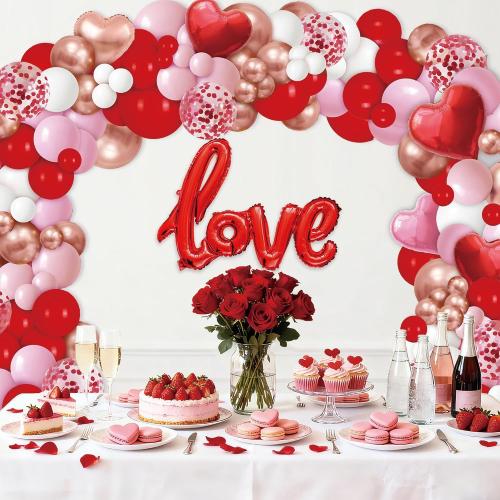 191 Pcs Valentine's Day Balloon Garland Arch Kit, Love Foil Letter Balloons Red Pink Rose Gold White Confetti Balloon Decor Heart Shaped Balloons Rose Petals Romantic Party Supplies for Galentines Day
