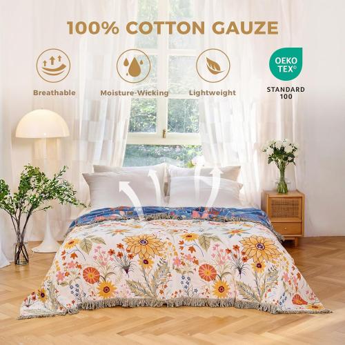 Boho Throw Blanket for Couch Sofa Chair Cotton Breathable Blankets for Bedroom Living Room All Season Soft Lightweight Reversible Floral Embroidery Throws Home Decor 50x 60