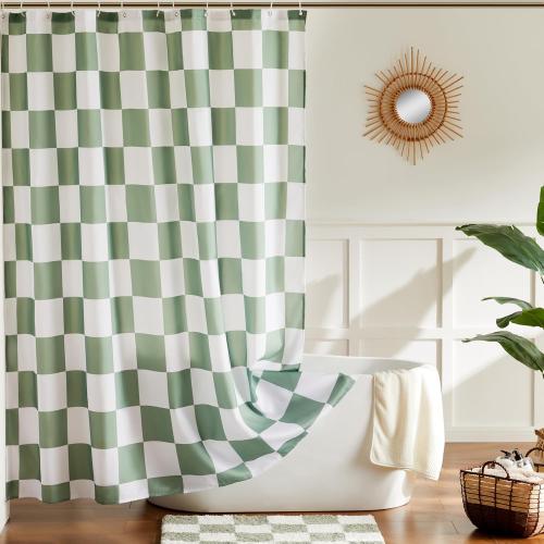 Checkered Shower Curtain, Sage Green Shower Curtains for Bathroom, Cute Retro Checkboard Shower Curtain Vintage Aesthetic, Washable Fabric Bath Curtain 72''x72''