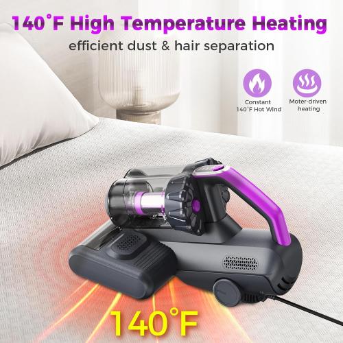 winterbear Mattress Vacuum Cleaner, 17Kpa Suction 500W High Power Handheld Roller-Type Bed Vacuum Cleaner with U-V-C Light & High Heating & Ultrasonic Tech, 2 * 30000Rpm Brush Rolls, Corded(Black)