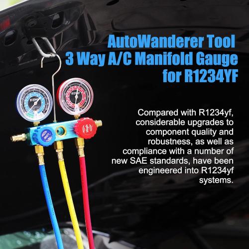 R1234yf AC Gauges, 3 Way 1234yf AC Manifold Gauge Set Car Air Conditioner Recharge Kit with 5FT Hoses R1234yf Quick Couplers Valve Core Remover