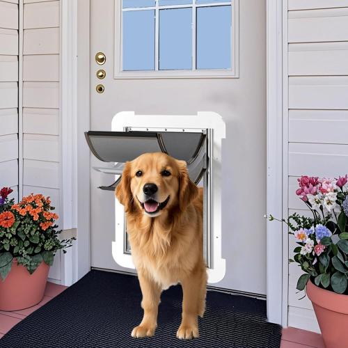 White 3-Flap Steel Large Dog Door for Exterior Doors with Sliding Lock Panel, Energy-Efficient Insulated Pet Door, Extreme Weather Doggy Door with Telescoping Tunnel, Never Rust(Pets Up to 100 Lb)