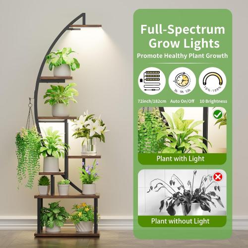 BACEKOLL Plant Stand with Grow Lights 2 Pack Tall Indoor Plant Shelf 64 | 7-Tier 2 Pack 64 Plant Stands, Grow Lights Dual-Head, 14 Potted Stands   2 Hangers, Half-Moon, Iron Frame, for Patio, Black