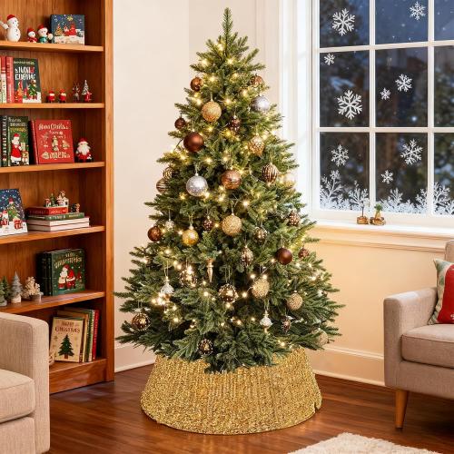 ELYKEN 28 Inch Christmas Tree Collar, Gold Woven Xmas Tree Skirt for 7.5 ft Trees, Stylish Tree Base Cover with Cord Cut-Out, Round Tree Ring for for Pencil Trees, Easy Assembly