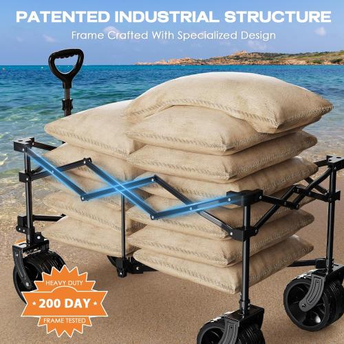 Black Collapsible Wagon Cart Heavy Duty Foldable, Folding Beach Wagon with Big Wheels for Sand, Utility Grocery Cart with Side Pocket and Brakes for Camping Sports Outdoor Activities, Black