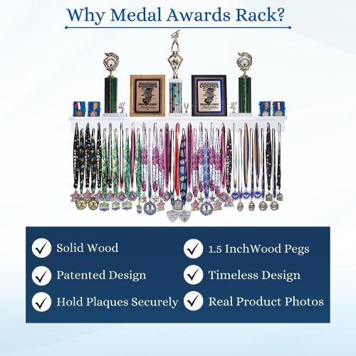 4ft- Medal Awards Rack Premier Medal Hanger Display Rack and Trophy Shelf for Gymnastics, Soccer, Basketball, Football, and More. The Largest Medal and Award Display- 48”