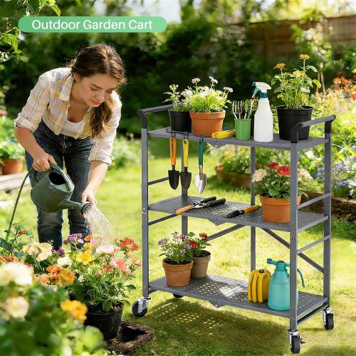 3 Tier Utility Carts - Folding Metal Rolling Cart with Wheels for Kitchen Office Garage Storage, Grey