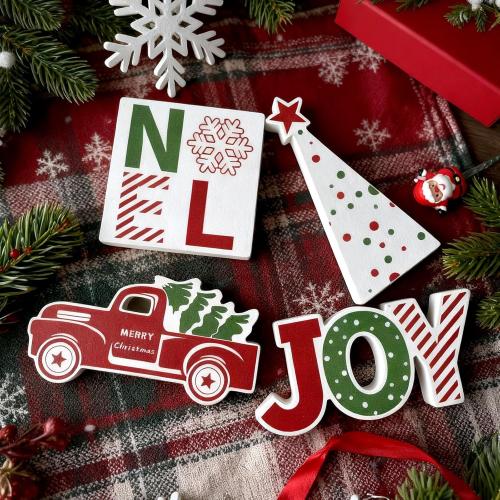 4 Pcs Christmas Table Decorations Indoor Wooden Red Truck Winter Tiered Tray Decor Rustic Merry Christmas Tree NOEL JOY Centerpiece Gift Farmhouse for Home Kitchen Shelf