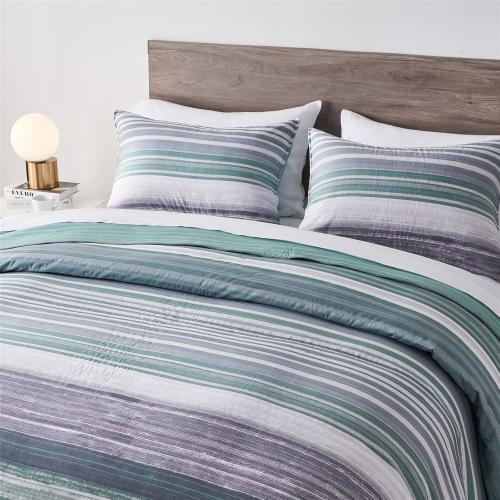 KAKIJUMN Full/Queen Quilt Bedding Set, White Grey and Green Patchwork Striped Quilt Set, 1 Pieces Soft Lightweight Bedspread Coverlet Set with 2 Pillow Sham(Green,Queen)