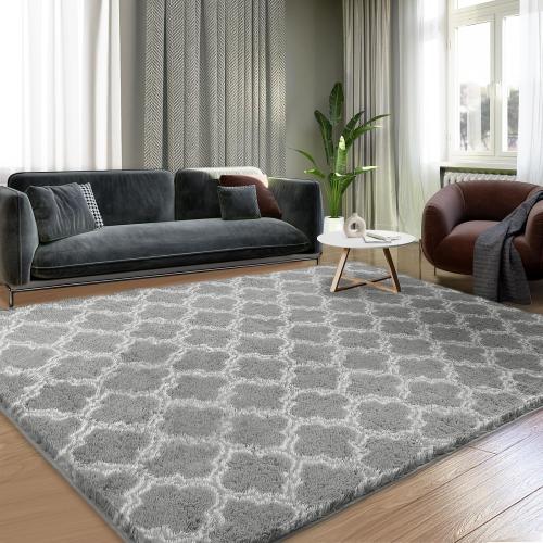 Shag Area Rug 5x7 Feet Extra Soft Rugs for Living Room, High Pile Indoor Carpet for Bedroom, Kids Room, Nursery, Home Decor, Geometric, Light Grey/White