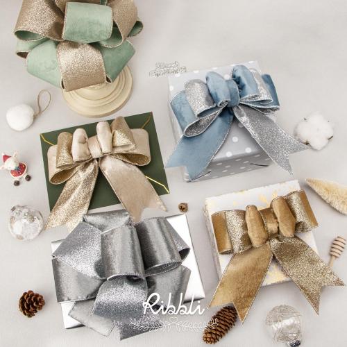 Ribbli Dusty Blue Velvet Wired Ribbon 2.5 Inch Dusty Blue Velvet with Silver Glitter Christmas Ribbon for Christmas Tree Decoration Big Bow Gift Wrapping Crafts Wreaths Supplies- 10 Yards