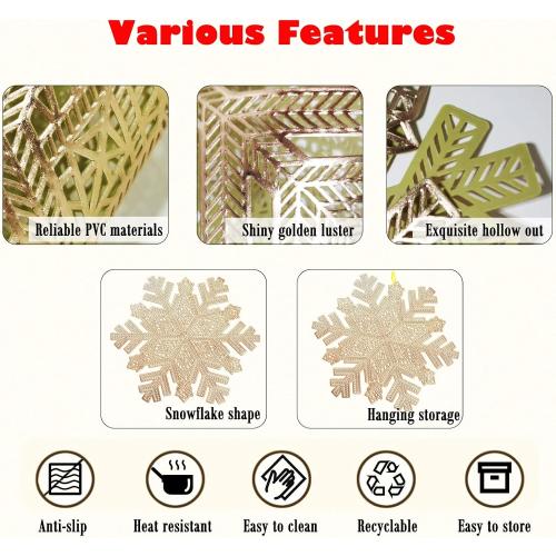 Snowflake Placemats Set of 6,Rouhuhura 15 inch Christmas Placemats Decorations Snowflake Tablemats Hollow Out Design Round Vinyl Place Mats Dining Table Setting Kitchen Table Mats for Christmas(Gold)