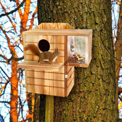 2in1 Large Squirrel Family House with Feeder and Predator Guard for Outside with Multi Platform Wooden Squirrel Nesting Box for Breeding Living, Year-Round Shelter and Nesting Place
