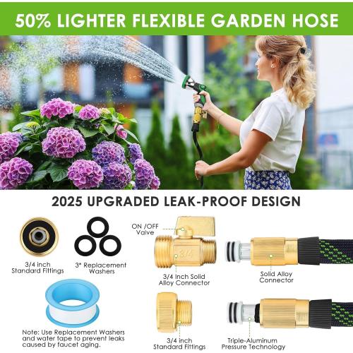 Non-Expandable Garden Hose 100 ft, Ultra Lightweight & Flexible Water Hose With 10-Pattern Spray Nozzle, Full Length Leak-Proof Design, High-Density Fabric & Shut-Off Valve, Hose Straps