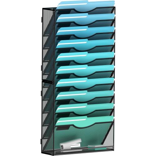 11-Tier Wall File Organizer Hanging Wall File Holder Wall Mount Paper Folder Organize, Mesh Magazine Document Mail Organizer Wall Organizer for Office School Home, Black